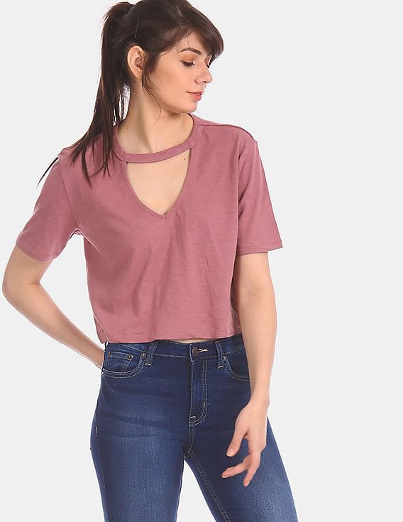 Buy Aeropostale Pink Cut Out Neck Slub Knit T-Shirt