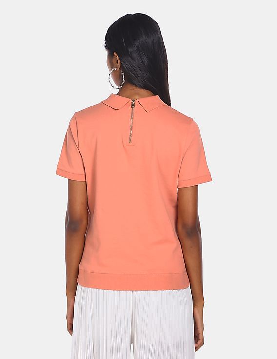 Buy Tommy Hilfiger Women Peach Cotton Embroidered Logo Polo