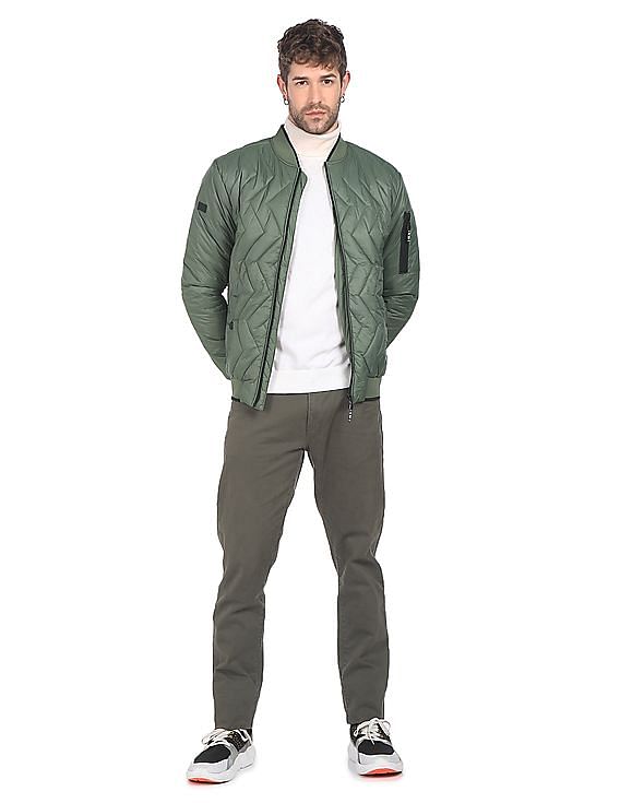 Flying Machine Stand Collar Solid Quilted Jacket