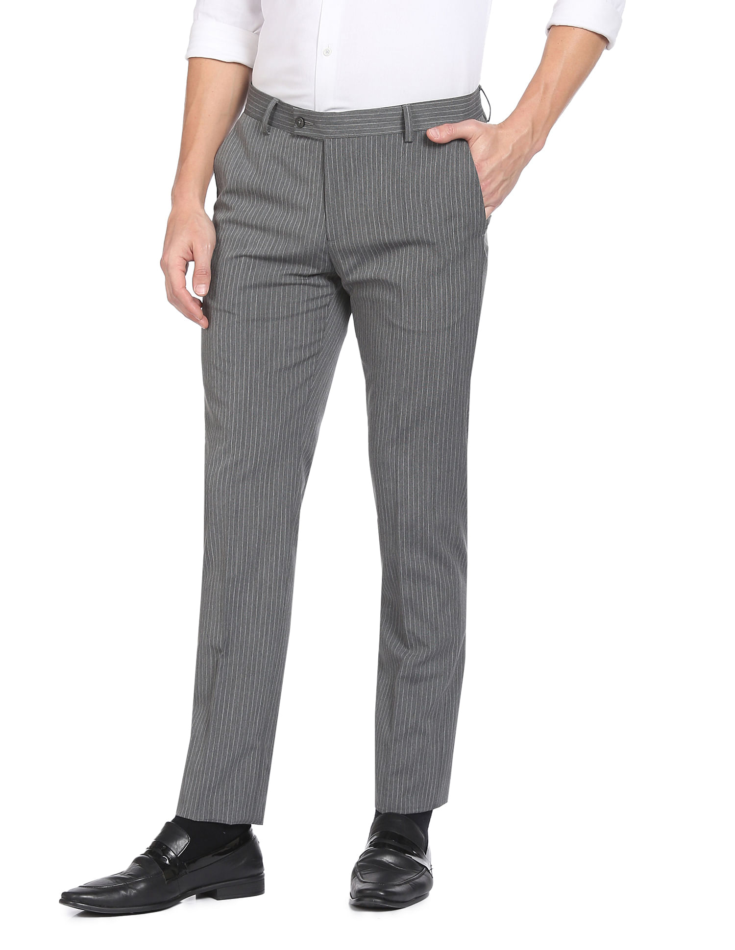 Grey Mid Rise Striped Pants