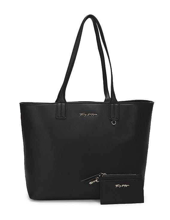 Buy Tommy Hilfiger Women Black Solid Tote Bag With Wristlet