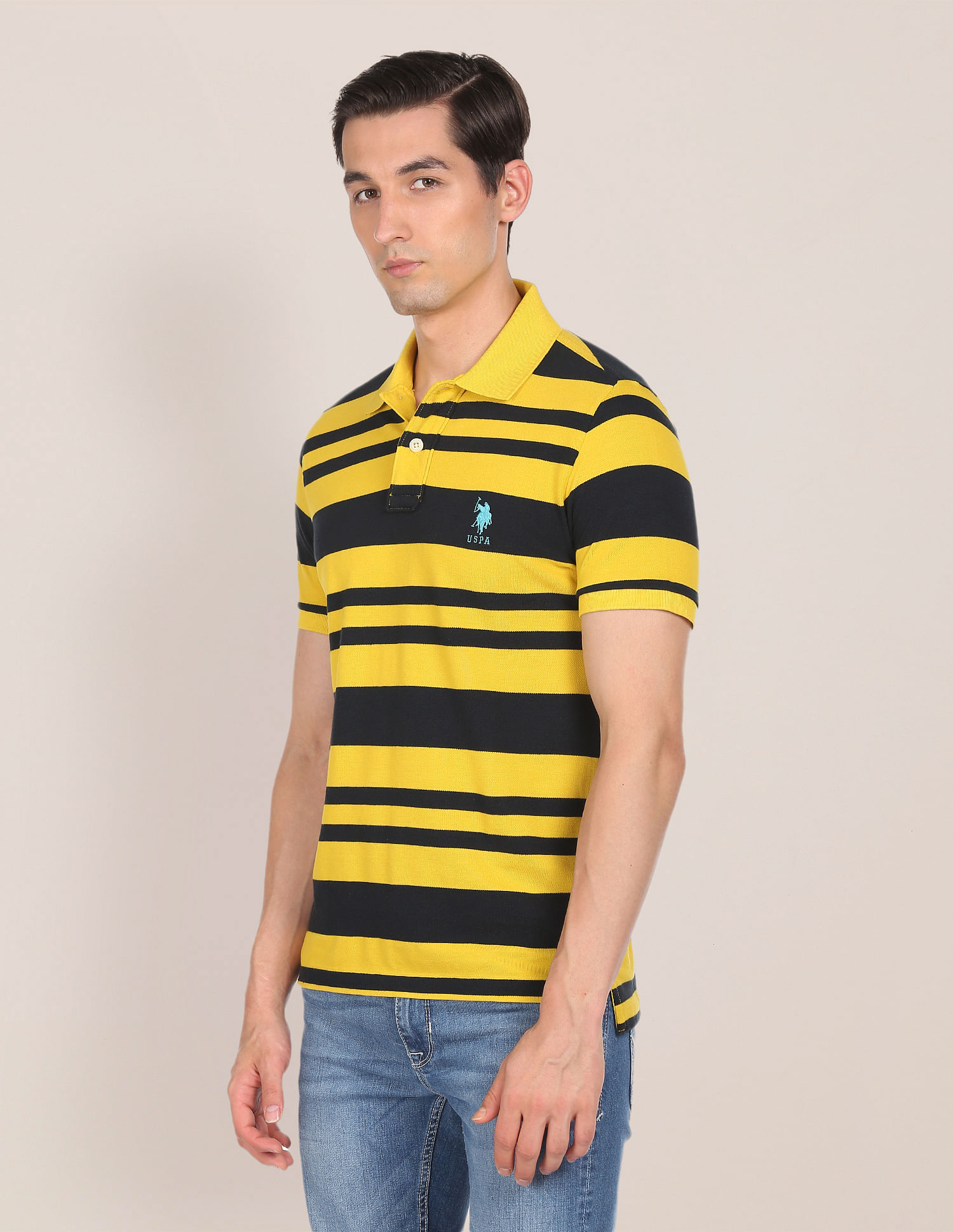 U.S. Polo Assn. Men Yellow Ribbed Collar Pique Polo Shirt