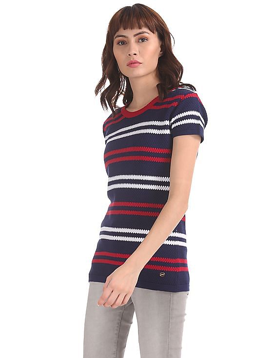 U.S. Polo Assn. Women Blue Patterned Stripe Knit Top