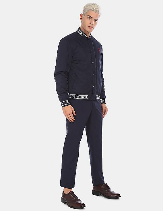 U.S. Polo Assn. Men Navy Stand Collar Brand Printed Bomber Jacket