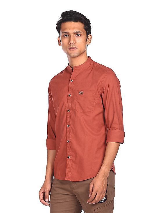 maroon mandarin collar shirt