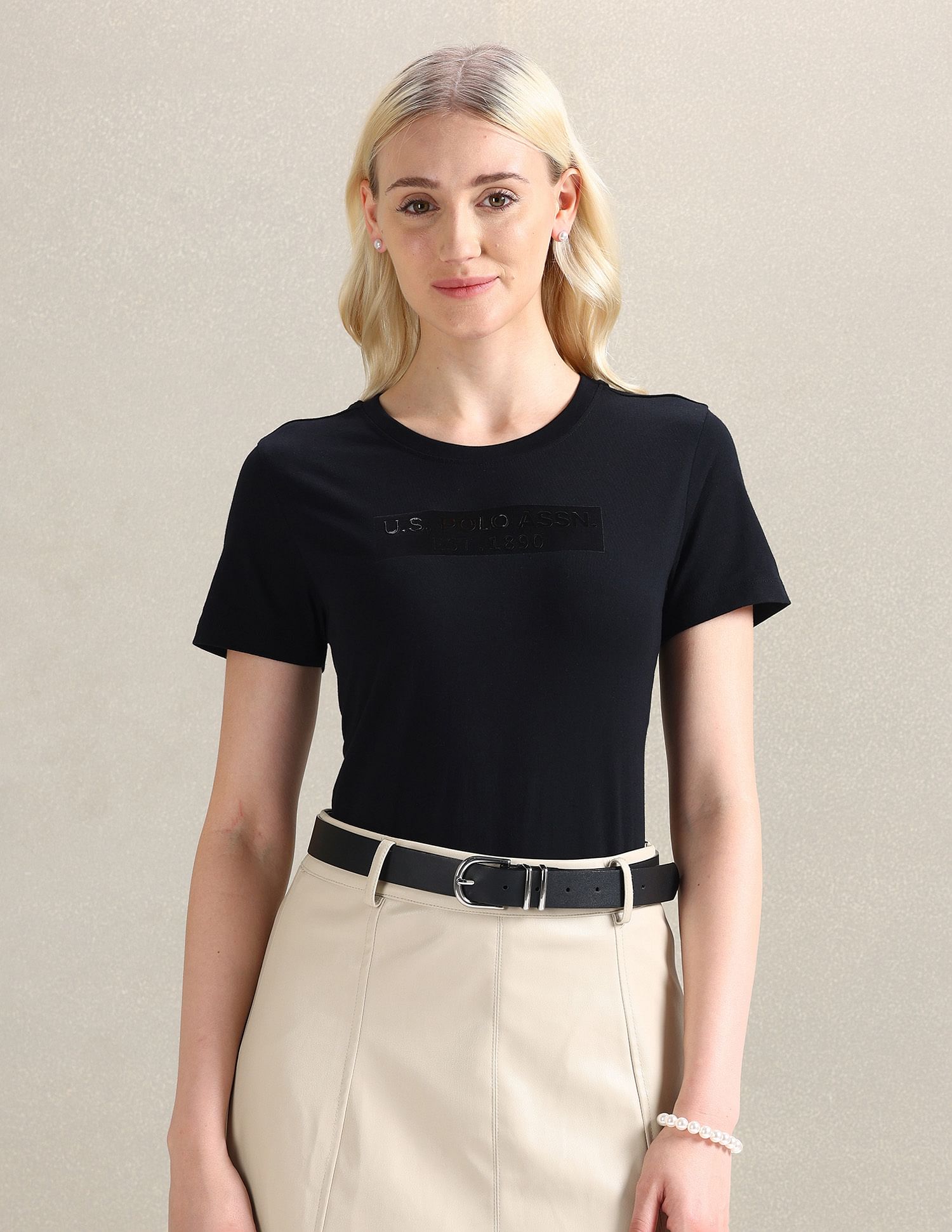 U.S. Polo Assn. Women Pure Cotton Sticker Print T-Shirt