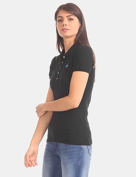 Aeropostale Women Black Short Sleeve Solid Cotton Stretch Polo Shirt