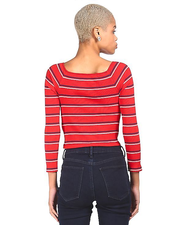 Women Buy Long Tommy Striped Hilfiger Sleeve T-Shirt Red