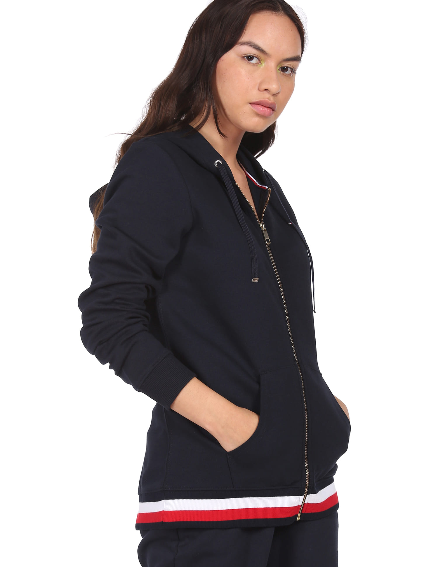 Buy Tommy Hilfiger Women Navy Heritage Striped Hem Zip Up Hooded