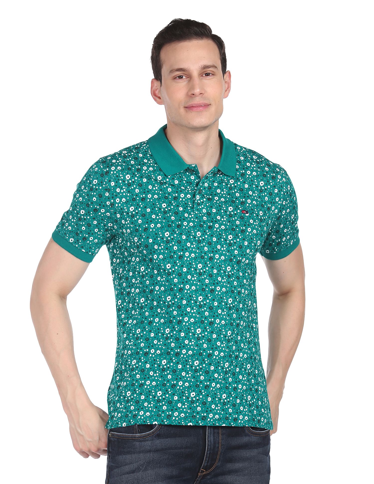 AD by Arvind Cotton Floral Print Polo Shirt