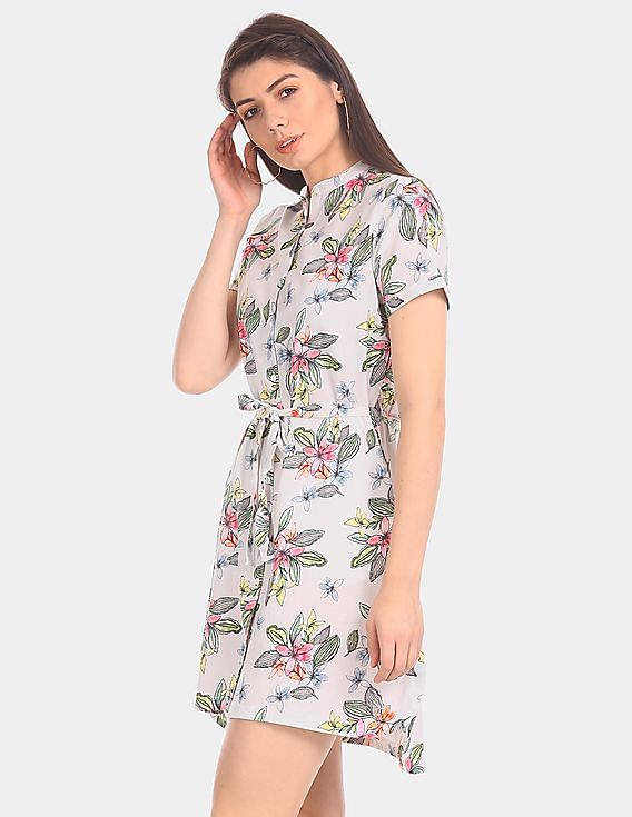 U.S. Polo Assn. Women White Mandarin Neck Floral Print Shirt Dress