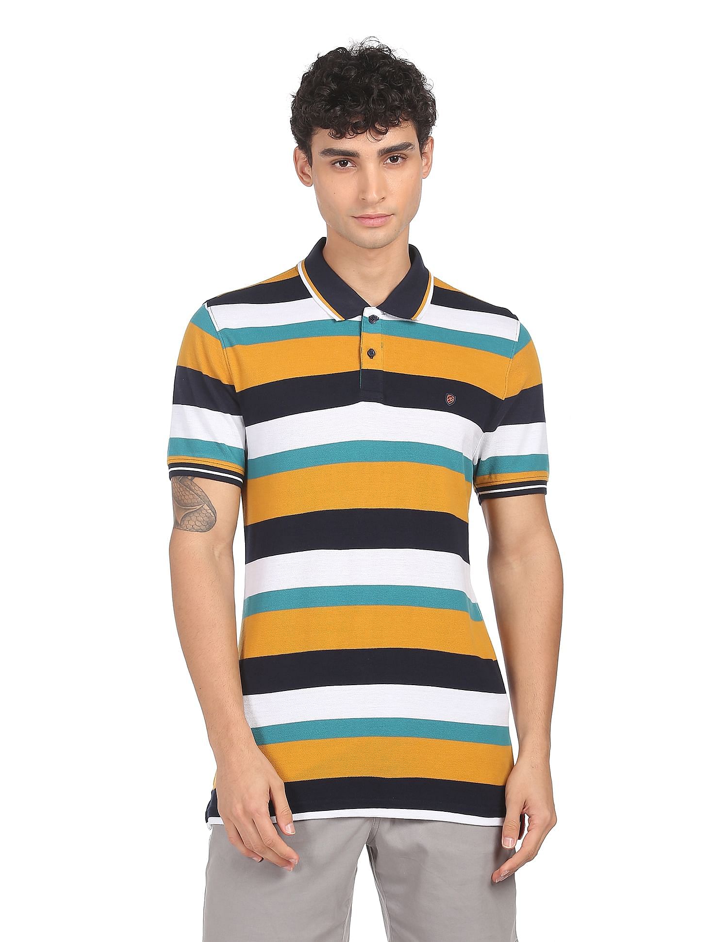 AD by Arvind Cotton Horizontal Striped Polo Shirt