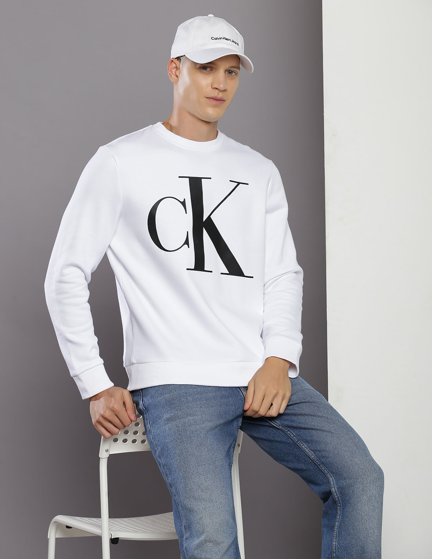 Calvin Klein Monogram Logo Mock Neck Sweatshirt in White