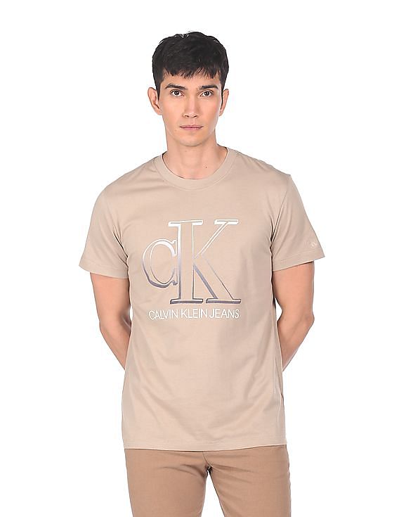 Calvin Klein Men Light Brown Degrade Monogram Logo Chest T-Shirt