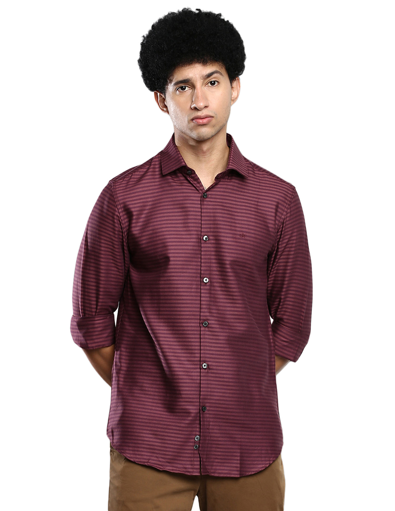 Calvin Klein Men Burgundy Horizontal Stripe Dobby Slim Fit Casual Shirt