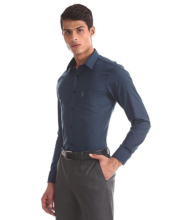 USPA Tailored Blue Tailored Regular Fit Checked Shirt