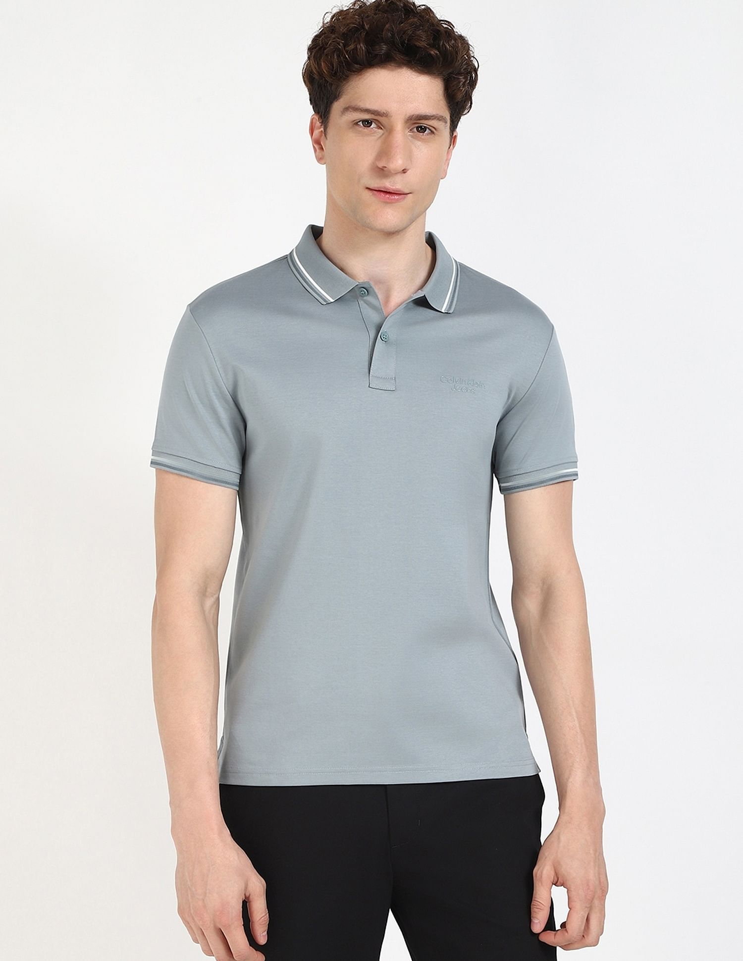 Calvin Klein Jeans Solid Regular-Fit Cotton Polo T-Shirt