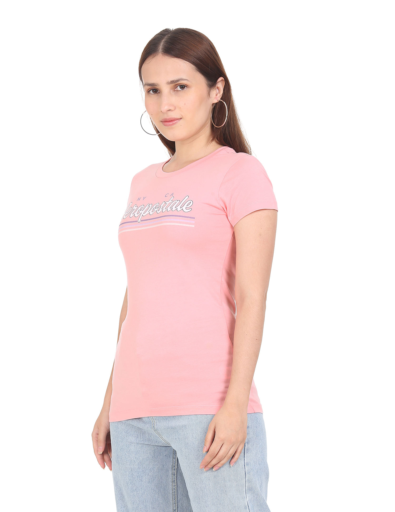 Aeropostale Women Pink Logo Print Cotton T-Shirt