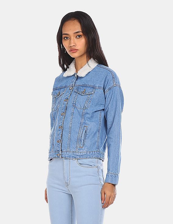 Buy Flying Machine Women Faux Fur Collar Washed Denim Jacket NNNOW