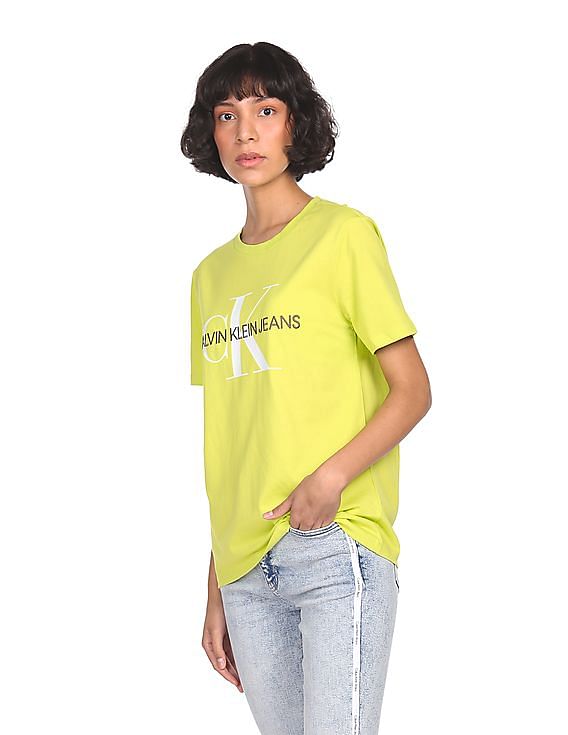 Calvin Klein Women Neon Green Crew Neck Brand Print T-Shirt