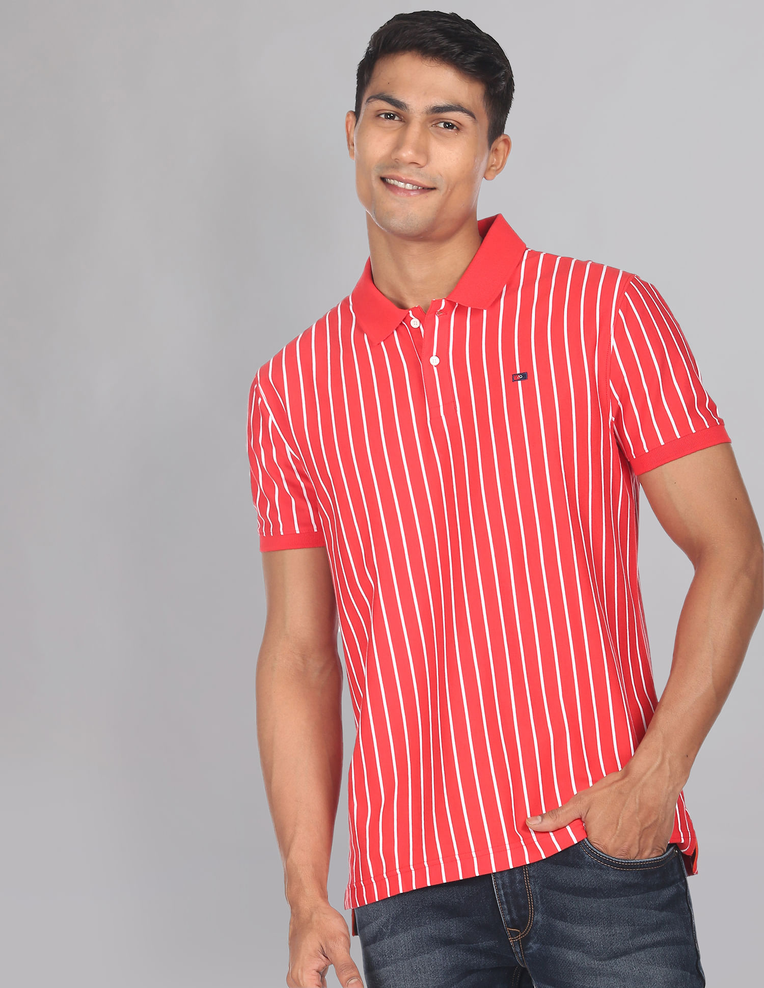 AD by Arvind Vertical Stripe Cotton Polo Shirt
