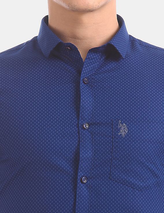USPA Tailored Men Royal Blue Slim Fit Printed Formal Shirt