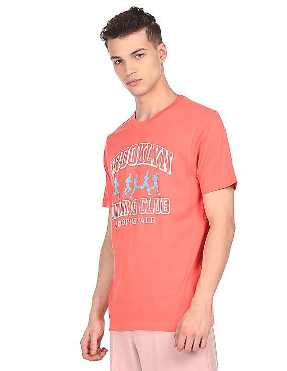 Aeropostale Men Coral Crew Neck Cotton Brand Print T-Shirt