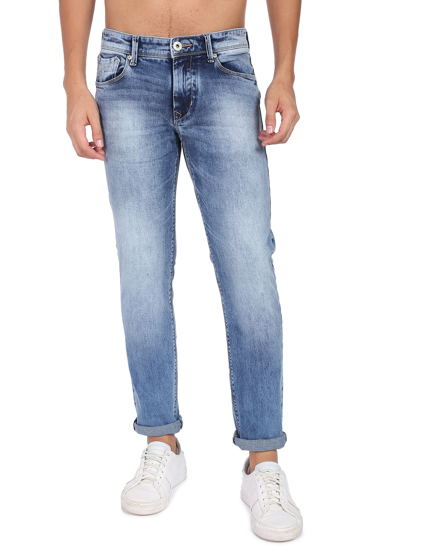 Flying Machine Mid Rise Acid Wash Denim Weave Jeans