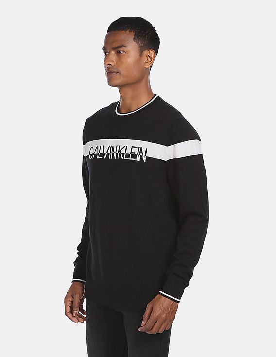 Buy Calvin Klein Men Black Crew Neck Split Logo Sweater