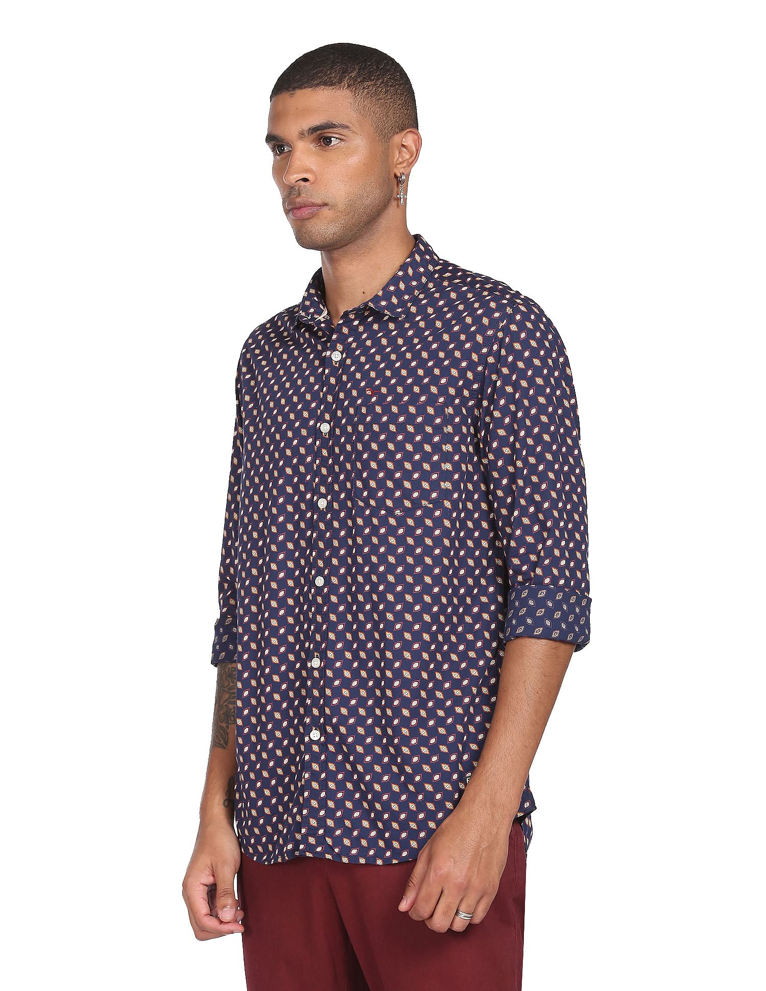 Flying Machine Spread Collar Geometric Print Shirt