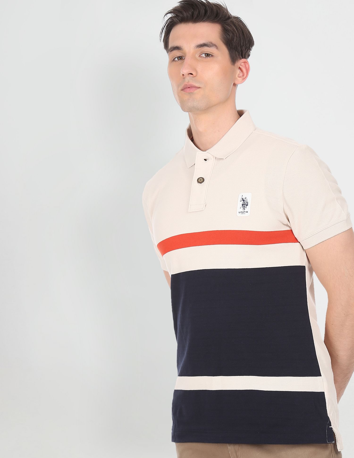 U.S. Polo Assn. Denim Co. Men Beige Pique Colour Block Polo Shirt