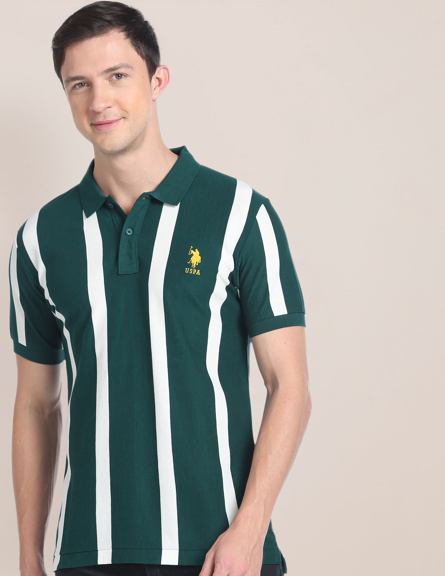 Green and white shop vertical striped polo shirt