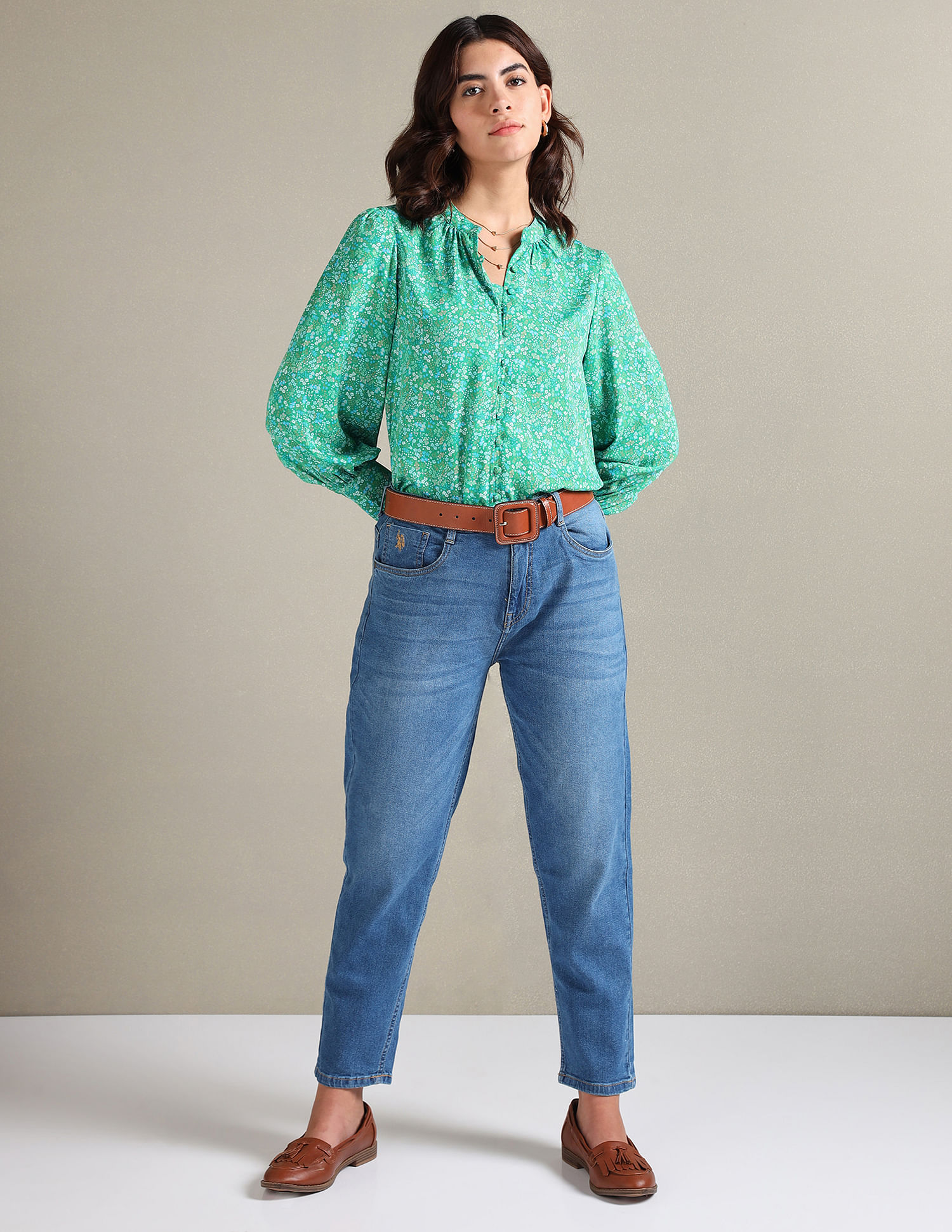 U.S. Polo Assn. Women Mandarin Collar Floral Print Shirt
