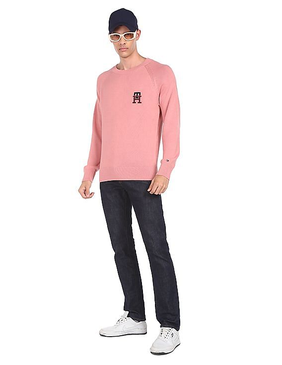 Buy Tommy American Monogram Solid Crew Neck Men Hilfiger Pink Sweatshirt