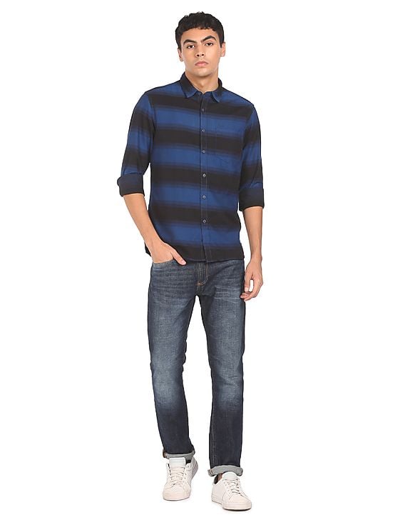 blue and black striped shirt