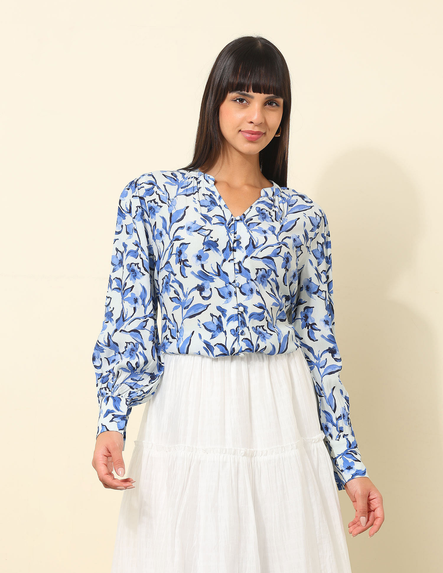 U.S. Polo Assn. Women Mandrin Collar Shirt With Aop