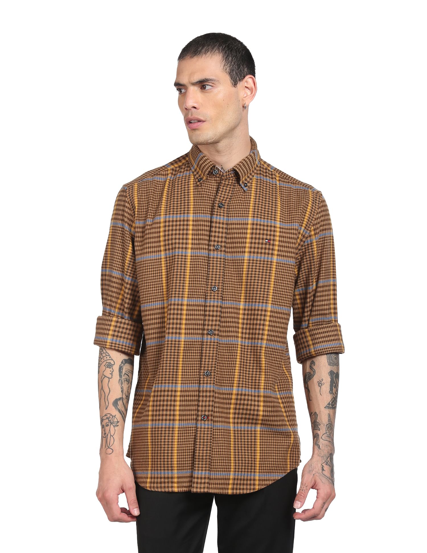 Tommy Hilfiger Men Brown Blakely Glen Check Twill Weave Casual Shirt