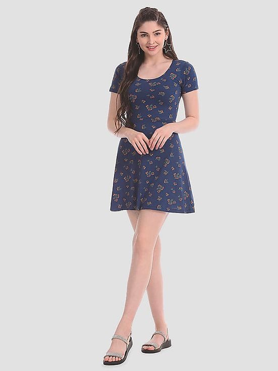 aeropostale blue floral dress Floral Scoop-Neck Smocked Fit & Flare Dress