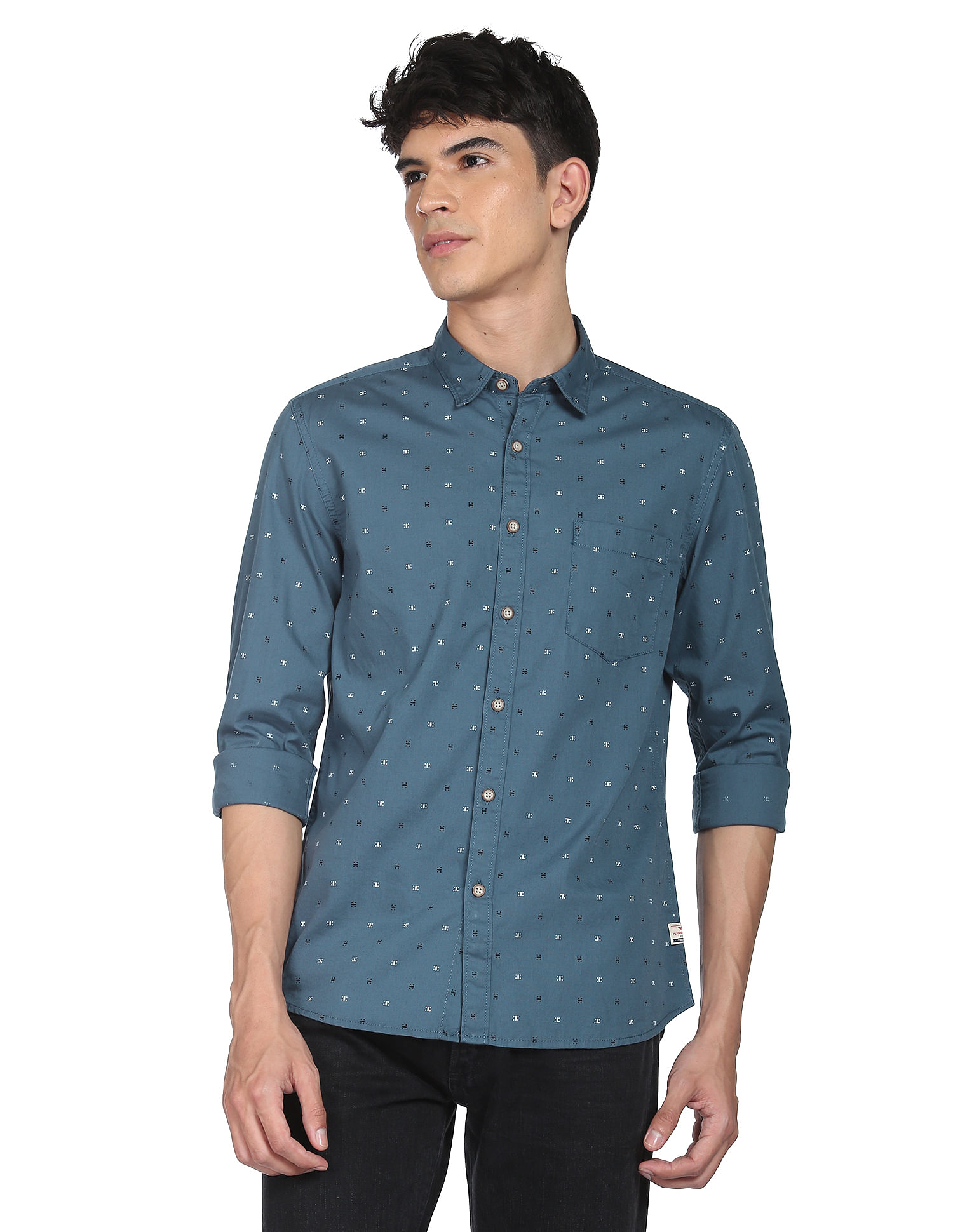Flying Machine Spread Collar Geometric Print Shirt