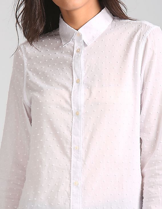 GAP Women White New Fitted Boyfriend Swiss Dot Shirt