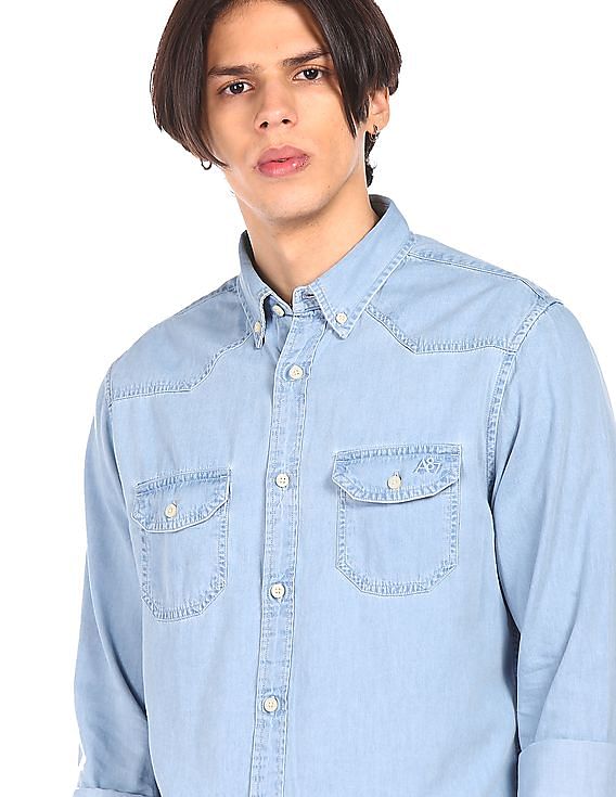 Aeropostale Men Light Blue Cotton Washed Denim Shirt