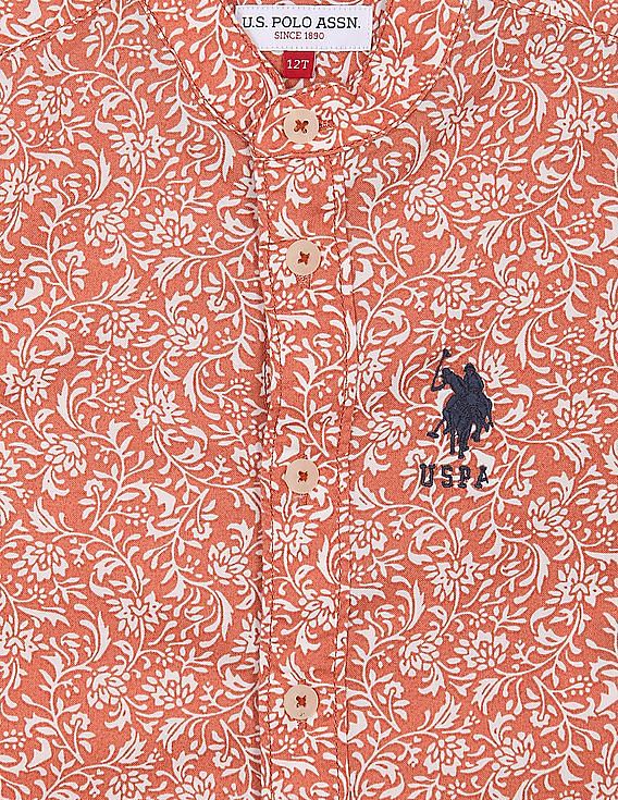 U.S. Polo Assn. Kids Boys Mandarin Collar Floral Print Cotton Shirt