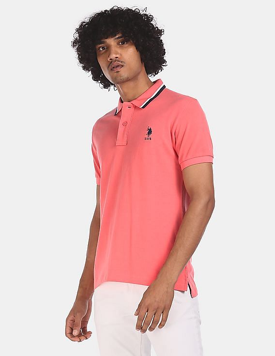 U.S. Polo Assn. Men Pink Tipped Collar Cotton Solid Pique Polo Shirt