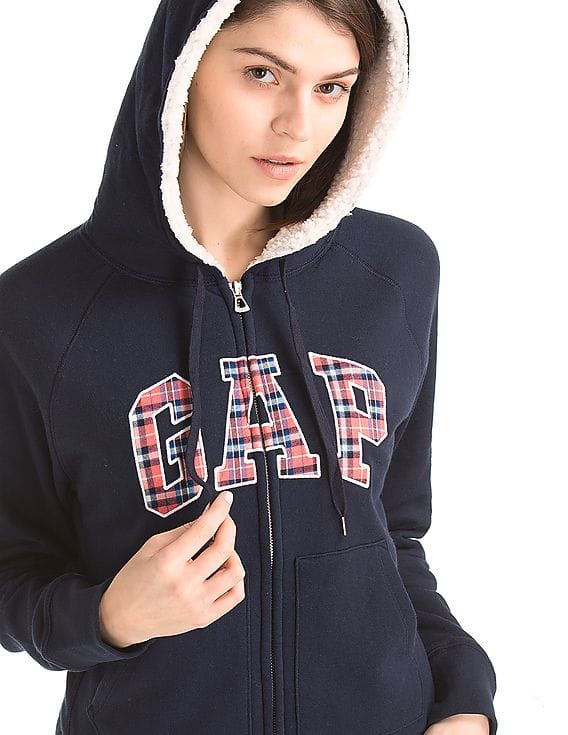 Buy GAP Women Women Blue Plaid Logo Sherpa Zip Hoodie