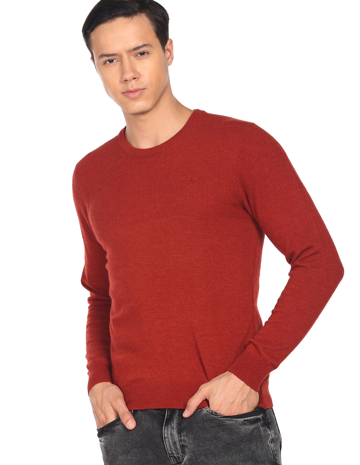 Buy Arrow Sports Men Rust Crew Neck Long Sleeve Textured Sweater