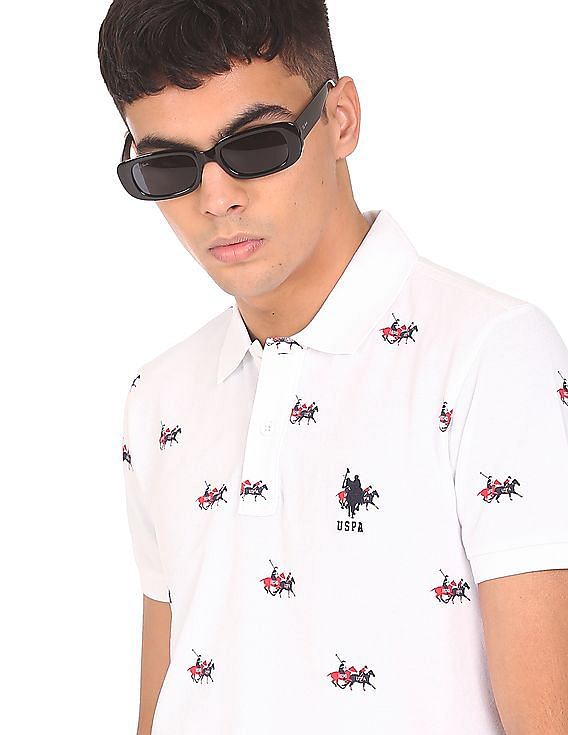 U.S. Polo Assn. Men White Logo Print Pique Polo Shirt