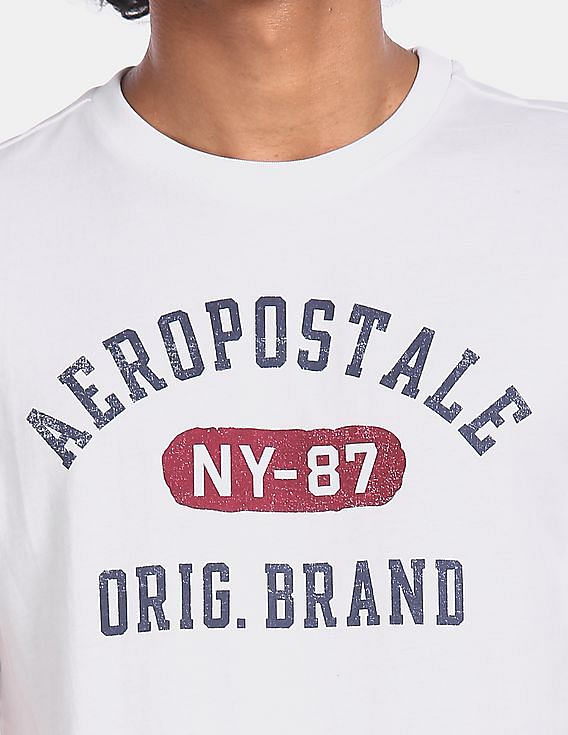 Aeropostale Men Off White Brand Print Cotton T-Shirt