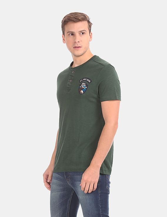 Green Slub Cotton Solid Henley T-Shirt 