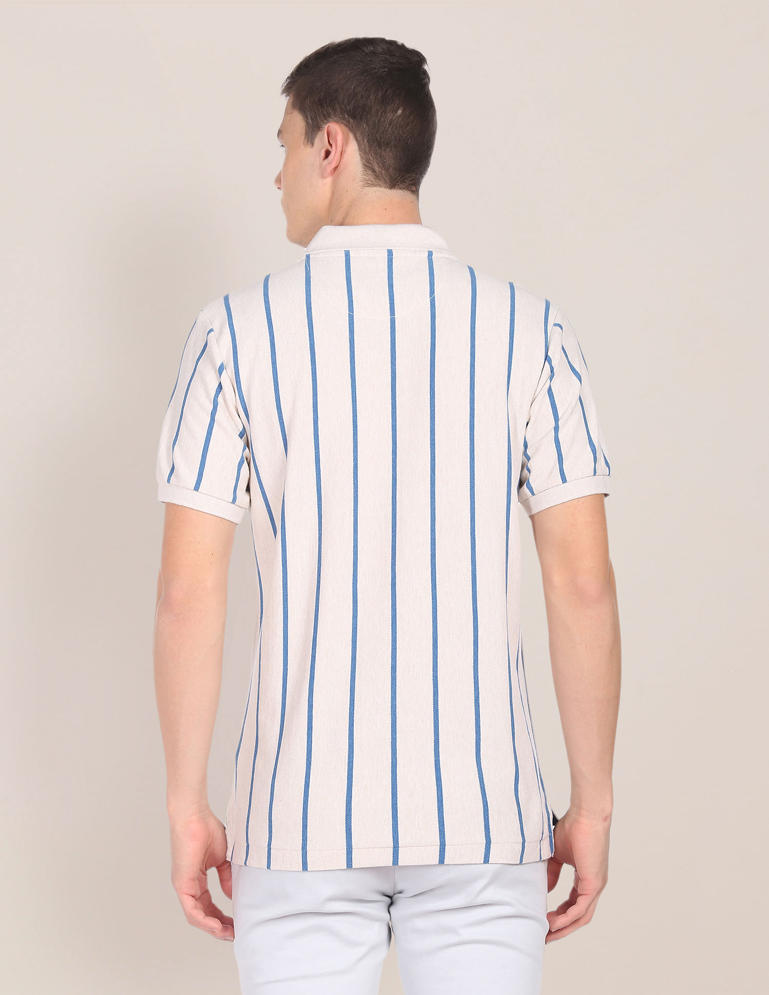 U.S. Polo Assn. Men Off White Cotton Pique Vertical Stripe Polo Shirt
