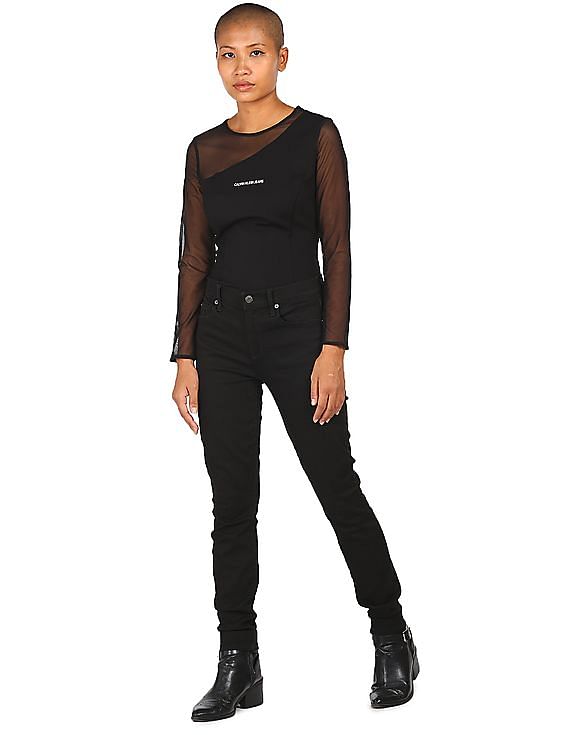 Calvin Klein Women Black Mesh Long Sleeve Brand Print Top